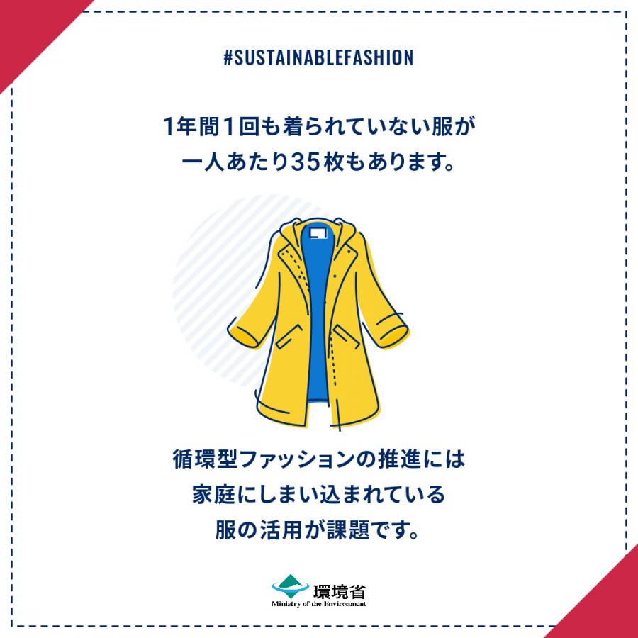 1年間1回も着られていない服が一人あたり35枚もあります。循環型ファッションの推進には家庭にしまい込まれている服の活用が課題です