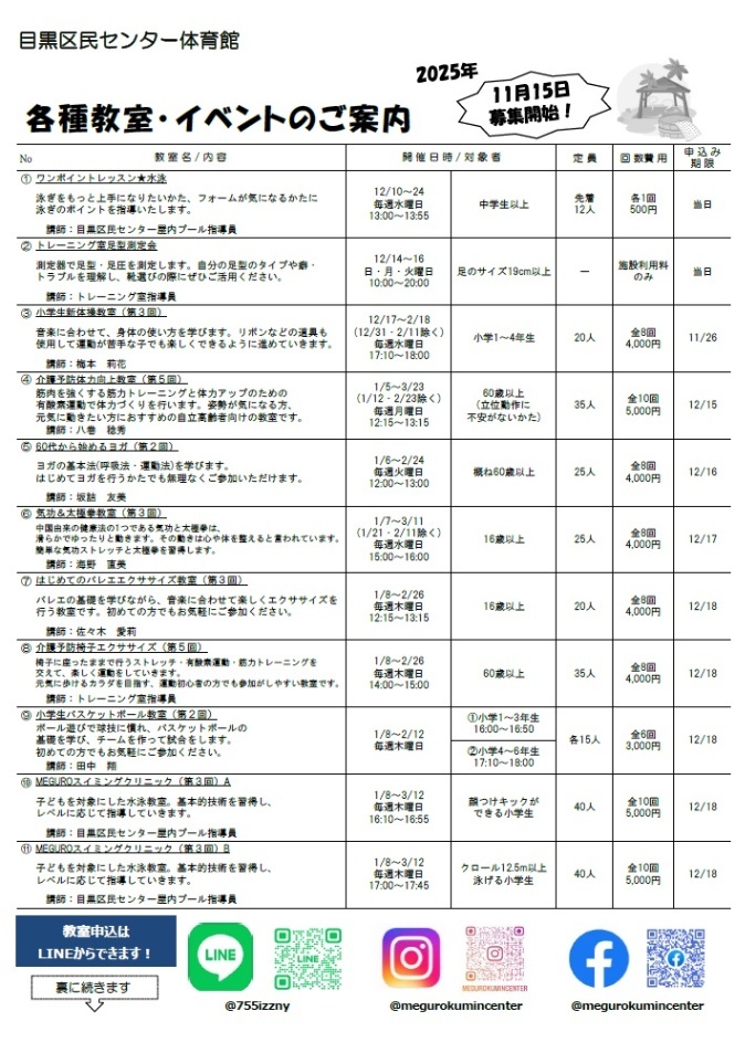 区民センター体育館「各種教室・イベントのご案内」（未就学児・小学生・中学生など対象）