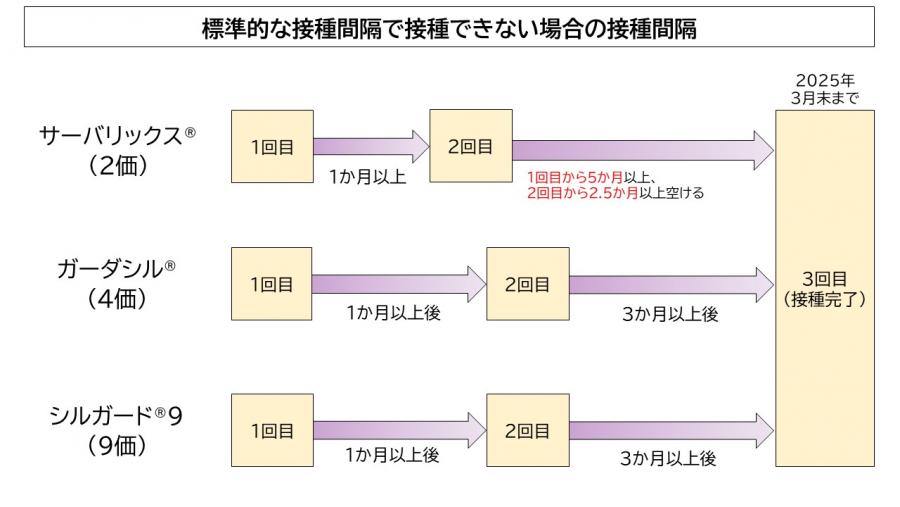 標準的な接種間隔で接種できない場合の、各ワクチンの接種間隔の説明画像