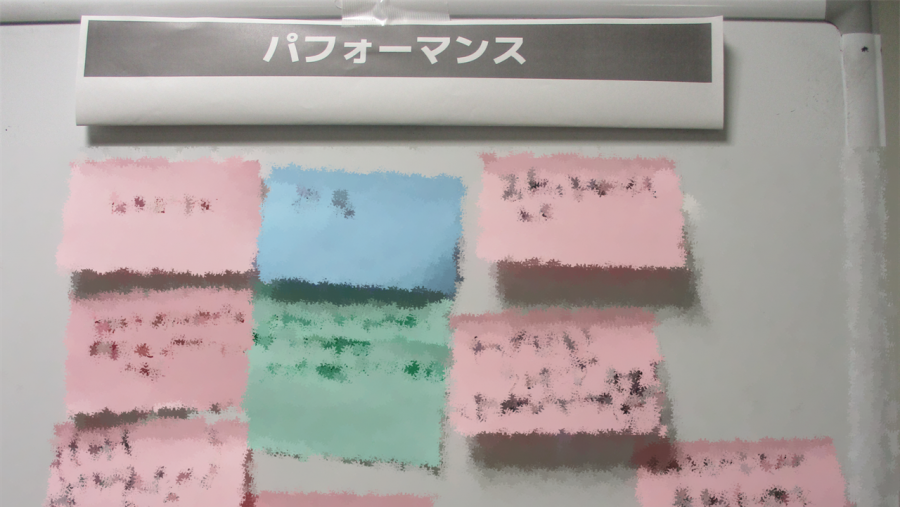 案が書かれた付箋が壁に張られている(付箋の内容はモザイクがかかっており読めない)