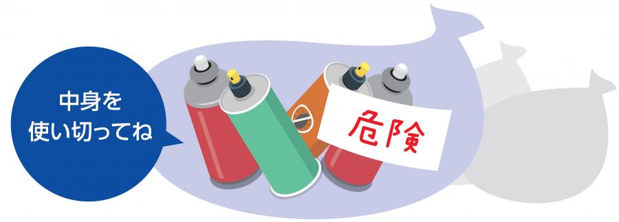 中身を使い切ったスプレー缶とカセットボンベをほかの燃やさないごみとは別の袋に入れ、「危険」の表示をした正しい出し方の画像