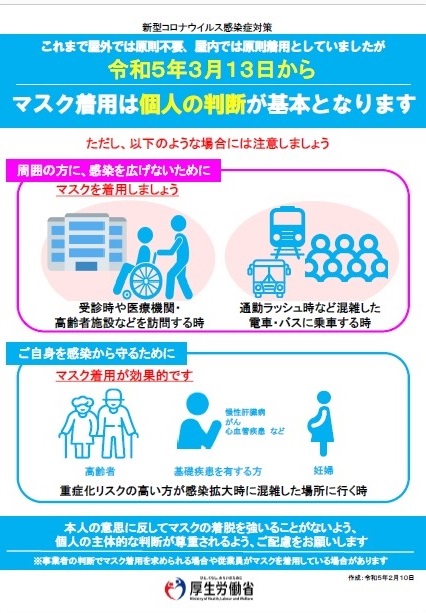 令和5年3月13日からのマスク着用の考え方が記載された、厚生労働省が作成したチラシ