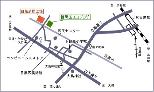 目黒区エコプラザは山手通り田道交差点から目黒川の田道橋を超えたすぐにあります