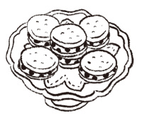 5個のレイズン・ウィッチが食器の上に並んでいるイラスト