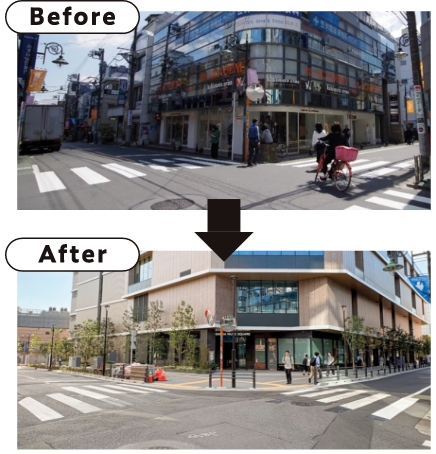 すずかけ通りの歩道を整備する前と整備したあとの写真。